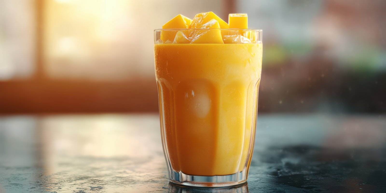 Refreshing mango smoothie in a clear glass surrounded by natural light in a cozy cafe during a sunny afternoon
